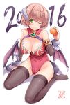  2016 bare_shoulders black_legwear breasts brown_hair cleavage demon_girl demon_horns demon_tail demon_wings detached_sleeves fang fang_out feet food fruit gem green_eyes hasu_(hk_works) highleg highleg_leotard horns large_breasts leotard long_sleeves looking_at_viewer mandarin_orange no_shoes one_eye_closed original pointy_ears red_leotard sitting smile solo succubus tail thighhighs wariza wings 