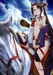  4n. ;d animal armor bangs black_hair blue_eyes blue_sky breasts circlet cloud day detached_sleeves fate/grand_order fate_(series) gloves grin hair_ornament hooves horse horse_legs horseback_riding japanese_armor jewelry katana long_hair looking_away mismatched_sleeves navel one_eye_closed open_mouth outdoors parted_bangs riding ring rope sitting sky small_breasts smile solo stomach sword underboob ushiwakamaru_(fate/grand_order) very_long_hair weapon 
