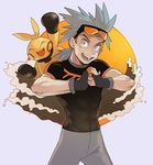  blue_eyes blue_hair closed_eyes dark_skin dark_skinned_male denbaa eyewear_on_head fingerless_gloves gen_3_pokemon gloves grey_background makuhita male_focus open_mouth pokemon pokemon_(creature) pokemon_(game) pokemon_oras simple_background sunglasses touki_(pokemon) water 