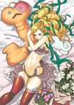  ass_visible_through_thighs bed_sheet blonde_hair bouquet drill_hair facial_mark flower green_eyes hair_ribbon highres hug long_hair looking_at_viewer lying navel pale_skin ribbon stuffed_toy thighhighs tomoyuki_kotani 