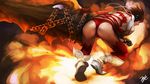  21yc_(september_breeze) ankle_cuffs ass back chain character_request cross-laced_clothes fire from_behind full_body highres holding holding_weapon huge_weapon monster_hunter red_legwear red_ribbon red_shorts ribbon shoes short_hair shorts signature solo thighhighs weapon white_footwear 