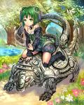  bare_shoulders eikou_no_guardian_battle genbu green_eyes green_hair highres madogawa short_hair sitting solo wariza 