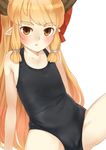 bad_id bad_twitter_id bangs black_swimsuit blonde_hair blush cameltoe collarbone horns ibuki_suika looking_at_viewer nishiuri one-piece_swimsuit orange_hair pointy_ears simple_background solo spread_legs swimsuit touhou white_background 