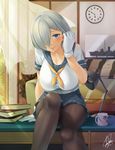  analog_clock arm_at_side arm_support black_legwear blue_eyes blue_skirt blush book_stack bookmark breasts clock closed_mouth collarbone couch crotch_seam cup curtains darkmaya dated desk desk_lamp drawer earrings glass gloves hair_ornament hair_over_one_eye hair_tucking hairclip hamakaze_(kantai_collection) hand_on_own_head heart_lock_(kantai_collection) indoors jewelry kantai_collection lamp large_breasts lock looking_at_viewer military military_vehicle miniskirt model mug on_desk padlock pantyhose pink_lips plant pleated_skirt potted_plant ribbon school_uniform serafuku shade ship shirt short_hair short_sleeves signature silver_hair sitting skirt sliding_doors solo sunlight transparent upskirt warship watercraft white_gloves white_shirt wind yellow_ribbon 