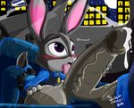  2016 anthro balls blush disney duo erection female judy_hopps lagomorph licking male mammal oral penis penis_lick precum rabbit rhinoceros sex slashysmiley tongue tongue_out zootopia 