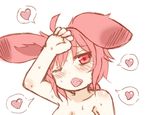  ahoge animal_ears blush breasts bunny_ears bunny_girl greenteaneko heart highres long_hair medium_breasts nora_(greenteaneko) nude one_eye_closed open_mouth original out-of-frame_censoring red_eyes red_hair sexually_suggestive solo spoken_heart sweat upper_body wiping_sweat 