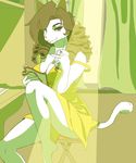  anthro big_breasts breasts brown_hair cakewasgood cat cleavage clothed clothing cup dress ear_piercing feline female fur green_theme hair inside mammal piercing sitting smile solo white_fur 