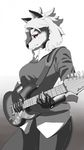  anthro breasts cakewasgood canine clothing dog female gradient_background guitar jeans looking_down mammal musical_instrument pants shirt simple_background solo standing sweater watch 