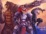  abs anthro armor clothed clothing digital_media_(artwork) equine feline group gun hair hi_res horse kiryu lion looking_at_viewer male mammal melee_weapon muscular mustelid otter pecs pose ranged_weapon red_hair sieg simple_background sword video_games weapon whip 