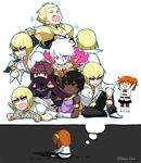  6+boys :d ^_^ aqua_eyes arjuna_(fate/grand_order) armlet armor arms_up black_hair black_legwear blonde_hair boots bracelet cellphone closed_eyes dark_skin face_mask fang fate/apocrypha fate/grand_order fate/stay_night fate_(series) fujimaru_ritsuka_(female) gilgamesh grin hair_slicked_back jewelry kaikodou_kana karna_(fate) lying mask multiple_boys multiple_girls necklace on_stomach open_mouth orange_hair pantyhose phone purple_hair red_eyes ring sakata_kintoki_(fate/grand_order) scathach_(fate)_(all) scathach_(fate/grand_order) short_hair side_ponytail sitting smartphone smile sparkle sunglasses sweatdrop thought_bubble twitter_username white_footwear white_hair 