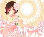  breasts brown_hair cleavage dress elbow_gloves flower gloves happy medium_breasts meiko miyu_(matsunohara) short_hair solo vocaloid wedding_dress white_dress white_gloves 