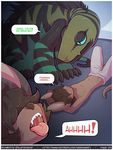  anthro big_eyes brown_hair comic digital_media_(artwork) duo english_text green_eyes hair herraardy lizard open_mouth penthouse reptile scalie simple_background speech_bubble stripes teeth text 