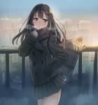  bag blush breath brown_hair coat commentary_request earrings green_eyes hand_in_pocket idolmaster idolmaster_cinderella_girls jewelry long_hair looking_at_viewer meto31 scarf school_uniform shibuya_rin shoulder_bag skirt solo 