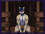  2016 anthro barn blue_hair blush blushed_face canine clothing digital_media_(artwork) hair jewelry johnfreak kneeled looking_at_viewer male mammal muscular necklace pecs solo submissive tongue tongue_out underwear wood 