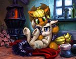  2016 applejack_(mlp) blanket blue_eyes boots bottle clothing comforting cowboy_hat cuddling duo equine female female/female footwear friendship_is_magic green_eyes harwick hat horn horse hug lying mammal mouse my_little_pony pony rarity_(mlp) rodent snow stove tears tin_can unicorn window 