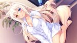  animal_ears bare_legs barefoot blue_eyes blush breasts chestnut_mouth cleavage coconut_(sayori) cropped drying drying_hair dutch_angle feet hair_dryer heterochromia holding holding_another's_hair indoors large_breasts long_hair naked_shirt nekopara open_mouth platinum_blonde_hair sayori shirt sidelocks sitting solo tail tan toes wariza yellow_eyes 