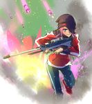  beanie blue_eyes explosion explosive gun hat heart hood hoodie iesupa may_zedong one_eye_covered pants pink_hair rifle rwby sniper_rifle solo track_pants trigger_discipline weapon 