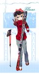  bad_id bad_pixiv_id blanc blue_eyes brown_hair gloves hat highres jacket looking_at_viewer neptune_(series) open_mouth short_hair skis snow solo tsukamoto_rinichirou v 