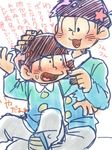  ;3 black_hair blush brothers cheek_poking child formal hand_on_another's_head male_focus matching_outfit matsuno_osomatsu matsuno_todomatsu multiple_boys osomatsu-kun osomatsu-san oto poking sextuplet_(osomatsu-kun) siblings sitting sitting_on_person suit sweatdrop time_paradox translation_request whisker_markings younger 