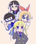  3girls adjusting_eyewear ama_usa_an_uniform annaka_haruna bespectacled blonde_hair bow brown_hair glasses gochuumon_wa_usagi_desu_ka? green_eyes hair_bow kill_me_baby long_hair matsuno_karamatsu multiple_girls nichijou osomatsu-kun osomatsu-san owlz school_uniform short_hair sonya_(kill_me_baby) sunglasses tokisadame_school_uniform twintails ujimatsu_chiya 