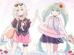  ahoge aqua_eyes aqua_hair bad_id bad_pixiv_id ball beachball belt blonde_hair blue_eyes blue_neckwear bracelet braid choker eyewear_on_head flower gomi_chiri gradient gradient_background gradient_hair grey_shirt hair_between_eyes hair_flaps hair_flower hair_ornament hatsune_miku holding_hands ia_(vocaloid) innertube island jewelry legs_apart long_hair looking_at_viewer miniskirt multicolored_hair multiple_girls necktie ocean off_shoulder palm_tree petals pleated_skirt polka_dot red_flower ring shirt skirt sleeveless sleeveless_shirt smile standing summer sunflower sunglasses thigh_strap tree triangle twin_braids twintails very_long_hair vocaloid wading water water_gun white_hair 