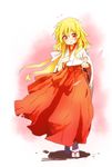  alternate_costume blonde_hair bygddd5 cherry_blossoms commentary_request fate_testarossa geta hair_ribbon hakama highres japanese_clothes long_hair low-tied_long_hair lyrical_nanoha mahou_shoujo_lyrical_nanoha miko red_eyes red_hakama ribbon ribbon_trim solo tabi twintails v white_ribbon 