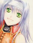  :d agahari bare_shoulders blue_hair close-up face fire_emblem fire_emblem:_akatsuki_no_megami fire_emblem:_souen_no_kiseki green_eyes hairband long_hair open_mouth smile solo traditional_media wayu_(fire_emblem) white_hairband 