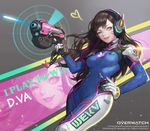  ;) bodysuit brown_eyes brown_hair character_name copyright_name d.va_(overwatch) facial_mark gloves gun hand_on_hip handgun headphones heart highres lips long_hair looking_at_viewer monable one_eye_closed open_mouth overwatch pilot_suit robot_ears smile solo turtleneck watermark weapon web_address whisker_markings zoom_layer 