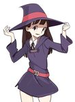  brown_eyes cowboy_shot hands_on_headwear hat holding kagari_atsuko little_witch_academia long_hair looking_at_viewer smile solo witch_hat 