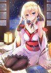  adapted_costume alcohol blonde_hair blue_eyes blush breasts graf_zeppelin_(kantai_collection) japanese_clothes kantai_collection long_hair looking_at_viewer mafuyu medium_breasts pantyhose sake solo twintails 