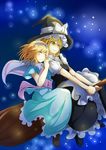  alice_margatroid apron ascot blonde_hair blush broom broom_riding capelet closed_eyes couple hairband hat highres hug hug_from_behind kirisame_marisa kurukuruchocolate long_hair multiple_girls multiple_riders sash shoes short_hair sky smile star_(sky) starry_sky touhou waist_apron witch_hat yellow_eyes yuri 