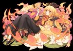  black_dress blonde_hair chinese_clothes dress energy fire flower fox fox_tail hat holding holding_pipe junko_(touhou) long_hair long_sleeves lotus multiple_tails pipe red_eyes ribbon sash siam_(meow13) smile solo tabard tail touhou very_long_hair wide_sleeves 