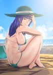  ass barefoot bikini blue_hair breasts florence_kirishima from_behind gundam hat jack_hamster large_breasts long_hair looking_back parted_lips purple_eyes sd_gundam sd_gundam_g-generation smile solo strap_gap swimsuit 