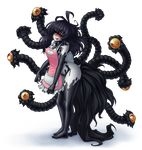  ahoge apron arched_back bare_shoulders black_hair blush contrapposto cyclops extra_eyes full_body gazer_(monster_girl_encyclopedia) grin jewelry long_hair looking_at_viewer md5_mismatch monorus monster_girl monster_girl_encyclopedia naked_apron one-eyed pink_apron red_eyes ring slit_pupils smile solo standing tail tentacles transparent_background wedding_band white_skin yellow_sclera 