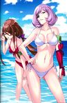  aoki_hagane_no_arpeggio armband bikini breasts brown_hair cleavage contrapposto day front-tie_bikini front-tie_top glasses hair_ribbon hand_on_hip hiei_(aoki_hagane_no_arpeggio) highres long_hair looking_at_viewer medium_breasts multiple_girls mutsumi_masato myoukou_(aoki_hagane_no_arpeggio) navel purple_hair purple_ribbon red_bikini ribbon scan scan_artifacts side-tie_bikini standing swimsuit wading white_bikini 