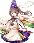  :d blue_eyes grey_hair hat japanese_clothes kariginu looking_at_viewer mononobe_no_futo open_mouth outstretched_arm pom_pom_(clothes) ponytail ribbon smile solo tate_eboshi touhou wide_sleeves yuli_(yulipo) 