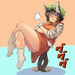 :3 =3 animal_ears black_eyes black_hair blue_background blush breasts cat_ears cat_tail chanta_(ayatakaoisii) chen crossed_arms crossed_legs full_body green_hat hat legs long_sleeves multiple_tails nekomata orange_background plump pose red_skirt red_vest shirt short_hair skirt small_breasts smug socks solo tail thighs touhou trembling two-tone_background two_tails vest white_legwear white_shirt 