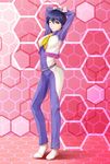  arms_behind_head blue_hair claire_heathrow full_body gundam massive_kagawa one_eye_closed purple_eyes sd_gundam sd_gundam_g-generation short_hair smile solo 