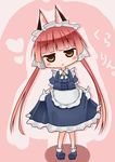  android animal_ears apron blush_stickers brown_eyes cat_ears chibi clarion doll_joints gloves heart highres kamisaka koukaku_no_pandora maid maid_headdress open_mouth pink_background red_hair short_sleeves solo translation_request triangle_mouth waist_apron white_gloves 