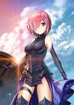  armor bare_shoulders blush breasts elbow_gloves fate/grand_order fate_(series) gloves hair_over_one_eye mash_kyrielight medium_breasts purple_eyes purple_hair short_hair smile solo thighhighs zhanzheng_zi 