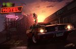 animal_ears black_hair car dodge dodge_charger dreadtie fox_ears fox_tail ground_vehicle highres motor_vehicle original short_hair sitting sitting_on_object solo sunset tail 