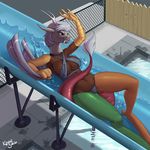  2015 anthro anthrofied big_breasts breasts camel_toe cleavage clothed clothing crossgender discord_(mlp) draconequus fangs female friendship_is_magic kevinsano my_little_pony patreon solo swimsuit under_boob water wide_hips 