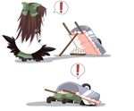  1girl bow brown_hair drop_trap egg green_bow hair_bow hair_ribbon kuraryu long_hair reiuji_utsuho ribbon touhou wheelbarrow wings 