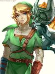  1girl blonde_hair blue_eyes earrings fang gloves hat helmet imp jewelry link midna muse_(rainforest) pointy_ears red_eyes smile the_legend_of_zelda the_legend_of_zelda:_twilight_princess 