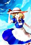  apron bad_id bad_pixiv_id bird blonde_hair bow cloud day dress elbow_gloves foro_(planet_cage) frills gloves hair_bow happy hat hat_ribbon kana_anaberal looking_up open_mouth outstretched_hand ribbon short_hair short_sleeves sky solo touhou touhou_(pc-98) yellow_eyes 