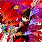  black_hair highres houjuu_nue ichizen_(o_tori) polearm red_eyes short_hair smile solo space_invaders touhou weapon wings 