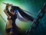  bad_id bad_pixiv_id bikini_top black_hair black_rock_shooter black_rock_shooter_(character) blue_eyes burning_eye chain checkered elna long_hair midriff navel shorts solo sword twintails weapon 