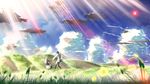  1girl blurry brown_hair cloud day depth_of_field dress eden_they_were_only_two_on_the_planet field light_rays long_hair meadow minori scenery silver_hair sion_(eden) sky skyt2 sunbeam sunlight wallpaper 