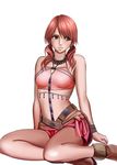  bare_shoulders boots bracelet crimson_comics crop_top final_fantasy final_fantasy_xiii jewelry legs midriff oerba_dia_vanille red_hair short_twintails sitting solo twintails 
