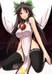  alternate_costume bare_shoulders black_hair black_legwear blush bow breasts china_dress chinese_clothes curvy dress frilled_legwear frills green_bow hair_bow hair_ribbon kneeling large_breasts long_hair no_panties red_eyes reiuji_utsuho ribbon shuugetsu_karasu solo thighhighs tight touhou wings 